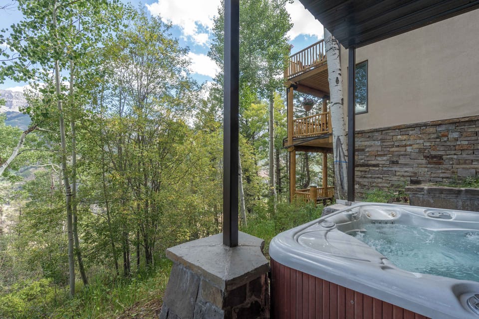 Hot tub area: 6-person Hot Springs spa, accessed from bottom floor living room
