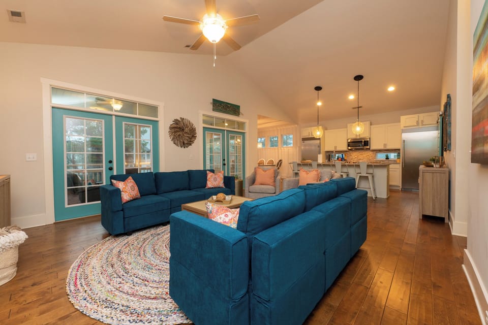 Open floor plan from living room, to kitchen to dining room. 
