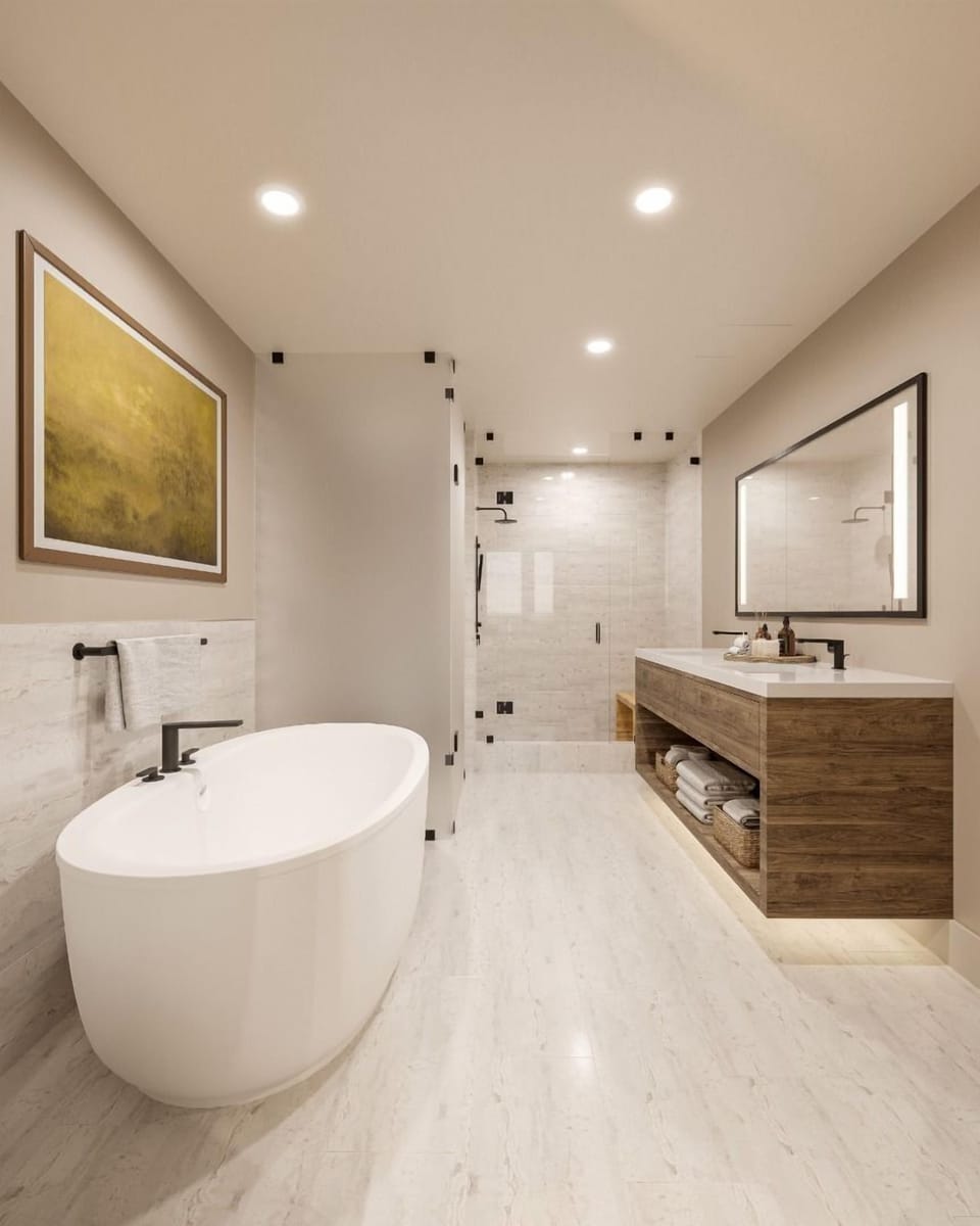 Elegant bathroom retreat with sleek finishes and a calming atmosphere, designed for unwinding in total comfort.