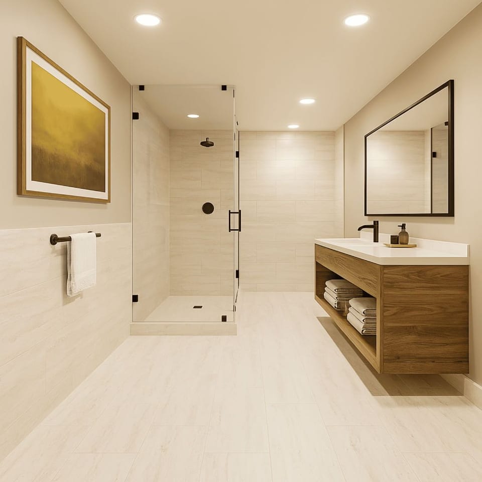 Spa-like bathroom with natural wood accents and a spacious walk-in shower, designed for unwinding after a day on the mountain.