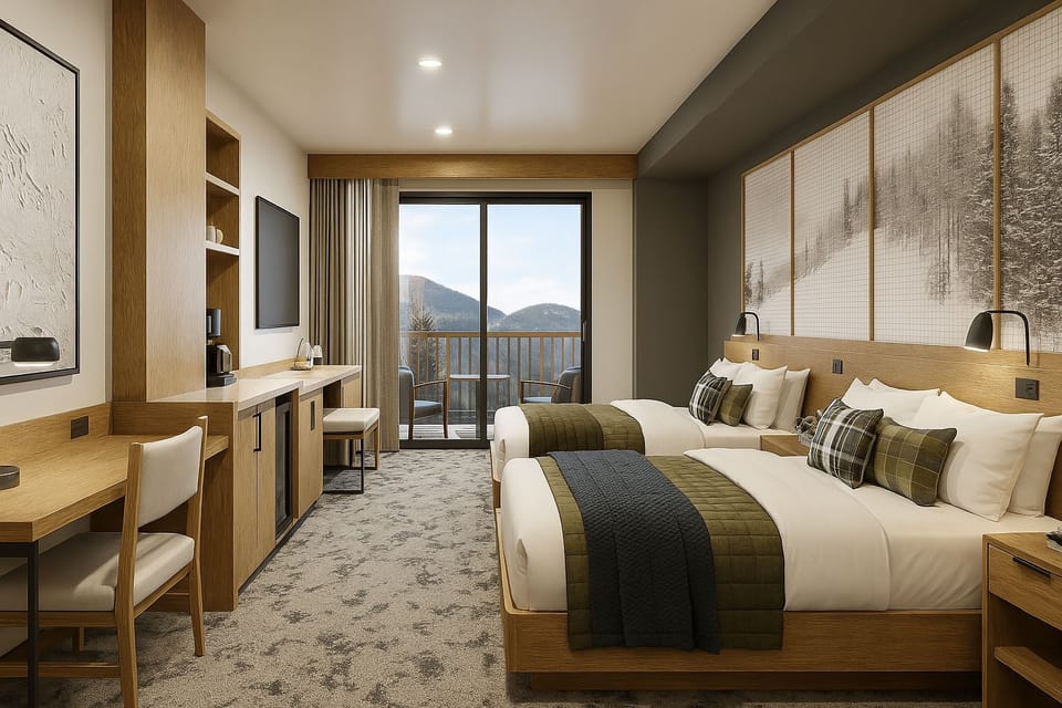 Cozy alpine room with a plush king bed, warm finishes, and a private balcony to soak in crisp mountain air and scenic views.