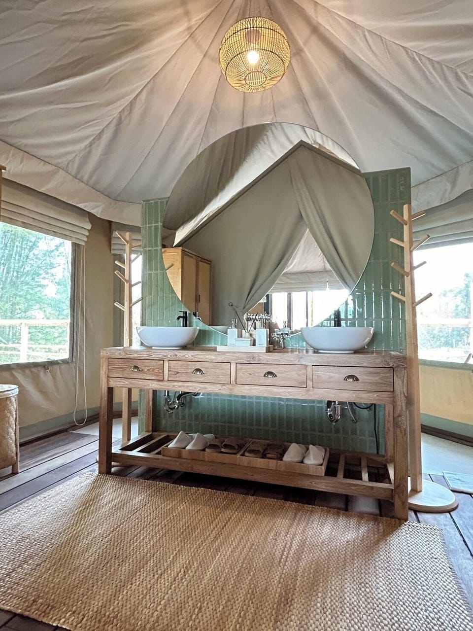 Serenity Two Bedroom Tented Villa | Bathroom | Eco-friendly toiletries, bathrobes, slippers, towels
