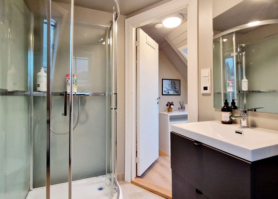 There is a washing machine in the bathroom, as well as supplies for cleaning.