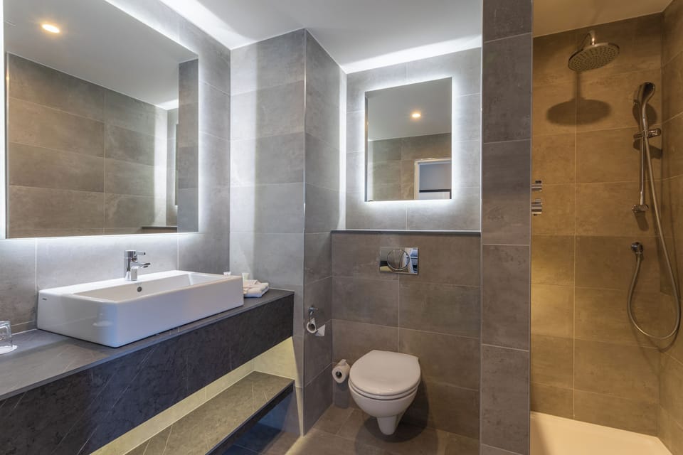 Combined shower/tub, free toiletries, hair dryer, towels