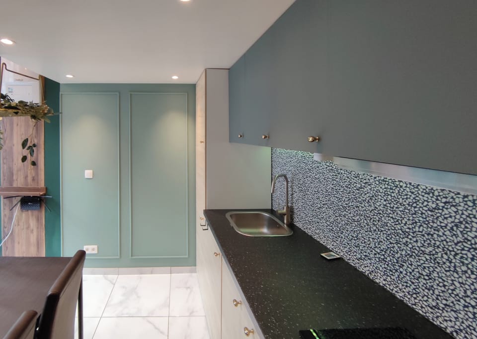 Deluxe Studio | Private kitchen | Fridge, microwave, oven, stovetop