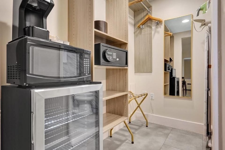 Grab a quick snack with mini-fridge, microwave, and coffee.