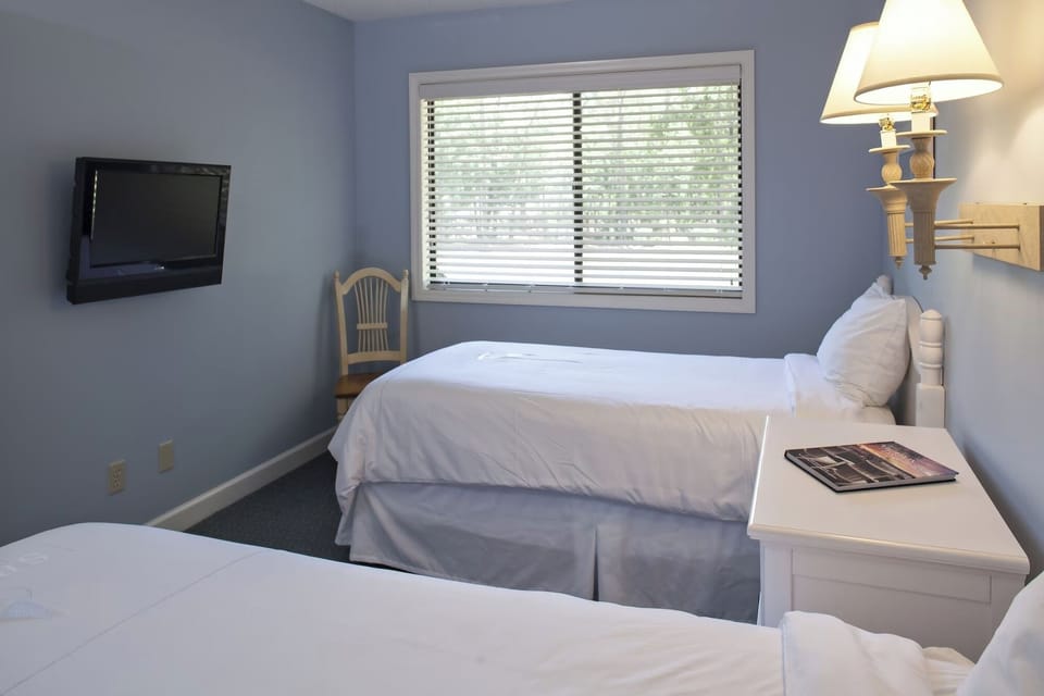 Recharge in a serene bedroom with TV and soft daylight.
