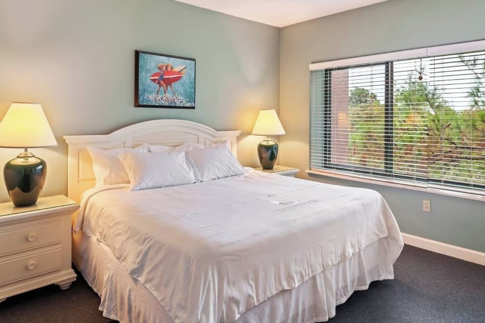 Unwind in a sunlit king bed with serene views.