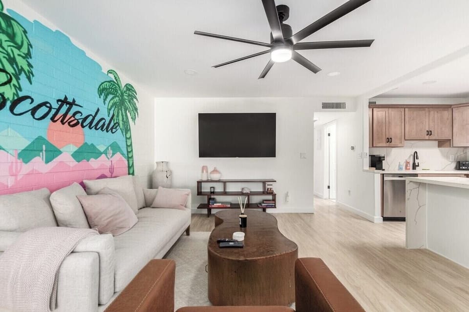 Living Room with Modern Furnishings, TV, & open layout