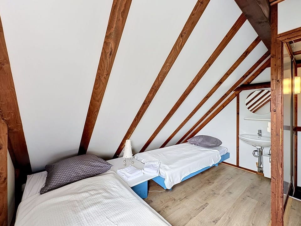 Wood, Bedroom, Floor, Flooring, Bed, Interior Design, Furniture, Ceiling, Home, Attic