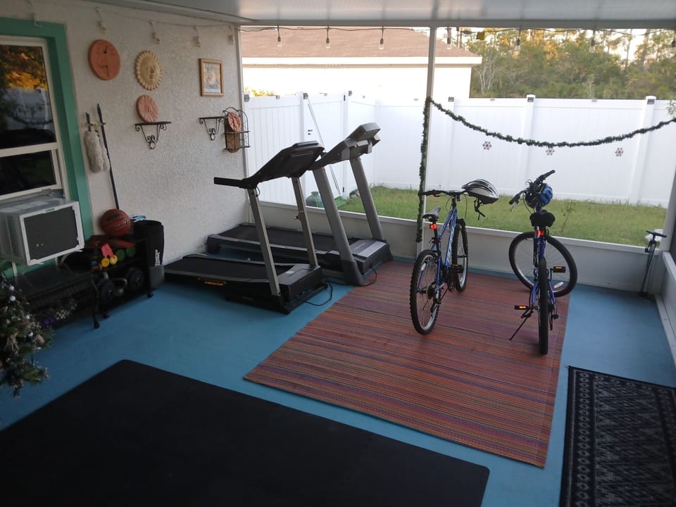 treadmill, weights, yoga mats, and bicycles 🚲. 