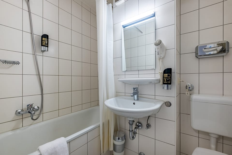 Combined shower/tub, eco-friendly toiletries, hair dryer, towels