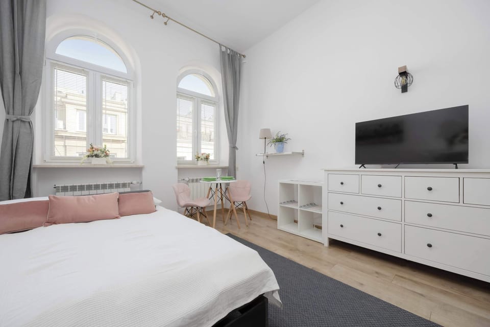 Large windows flood the room with light, creating a pleasant atmosphere in both the sleeping and living areas.