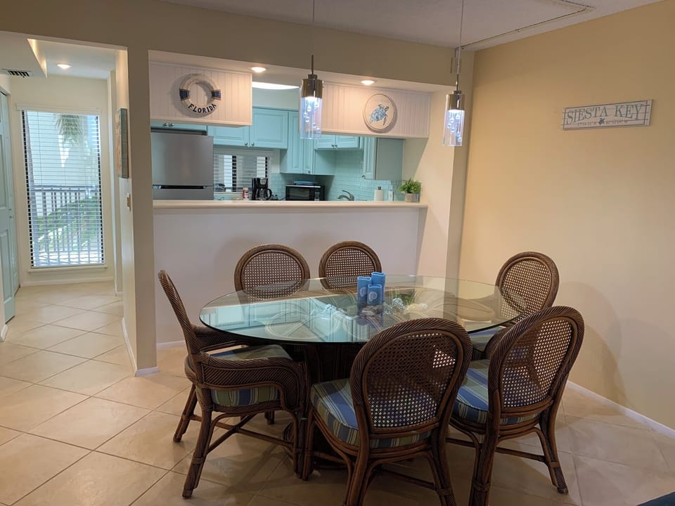 Dining table seats six.