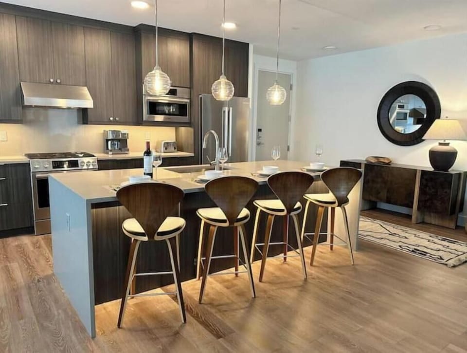 Kitchen with eat-in island. 