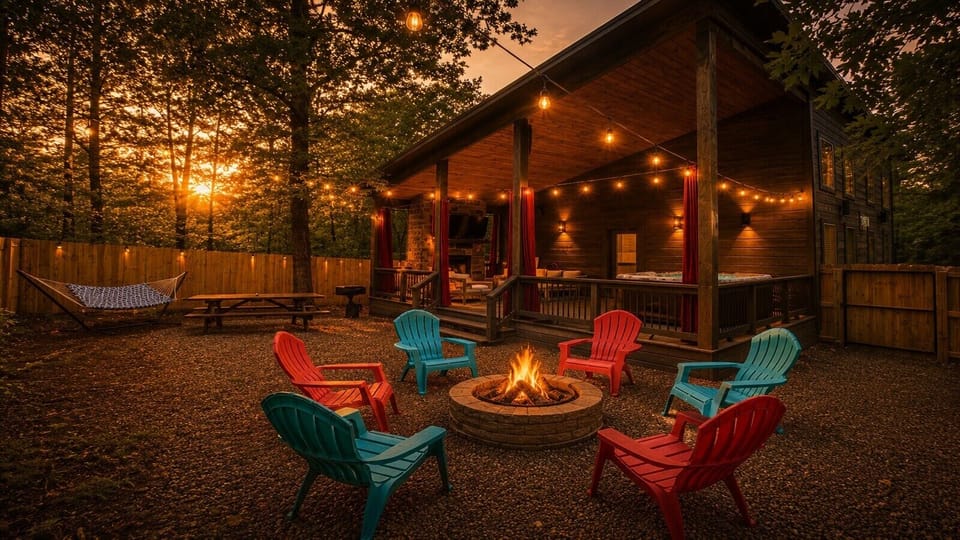 Fully Fenced Backyard with Fire Pit, Hammock and String Lights