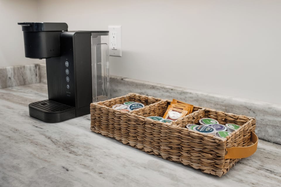 Convenient coffee and tea station with Keurig and pods. A guest favorite for mornings and cozy evenings.
