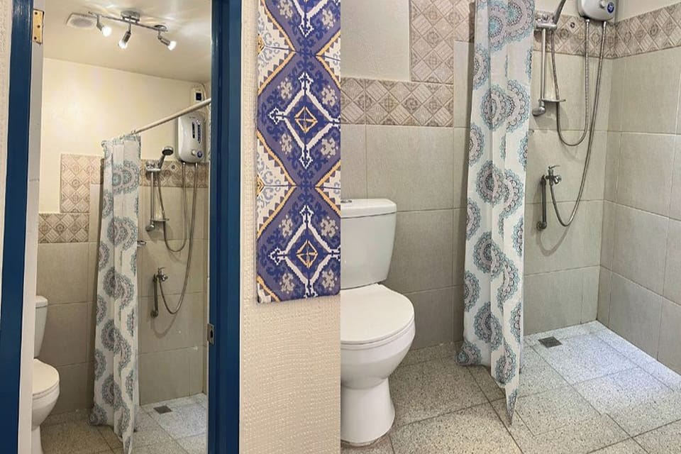Shower, free toiletries, towels, soap