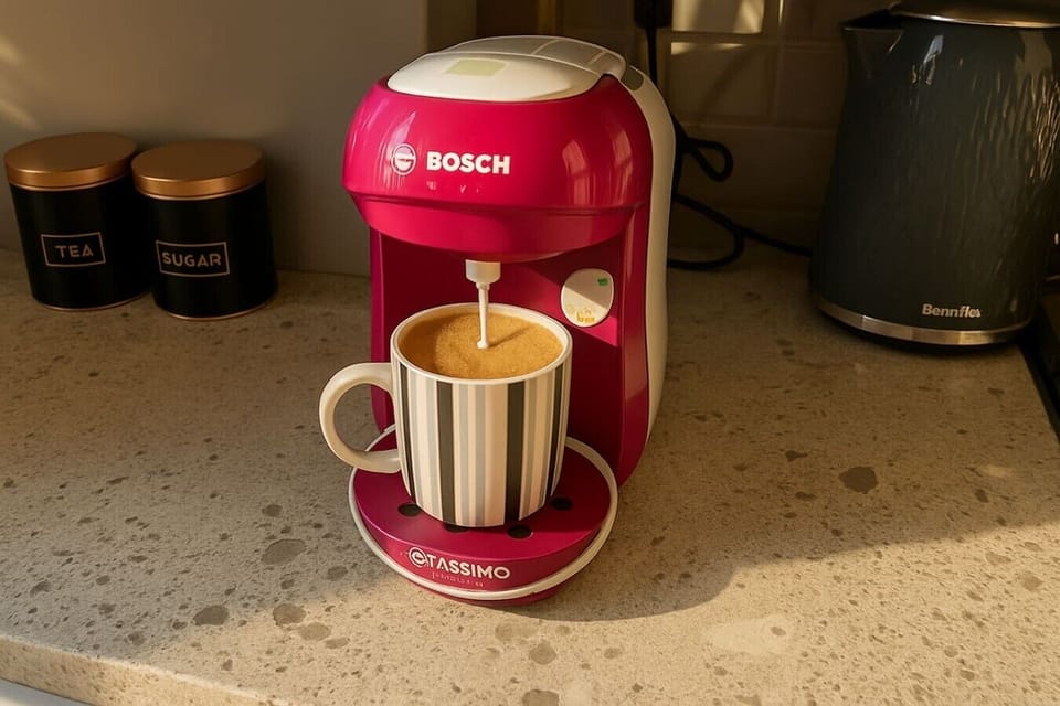 Modern Bosch Tassimo coffee machine with stylish design, perfect for making fresh coffee at home. Conveniently placed in the fully equipped kitchen alongside kettle and essentials for a relaxing start to your day.