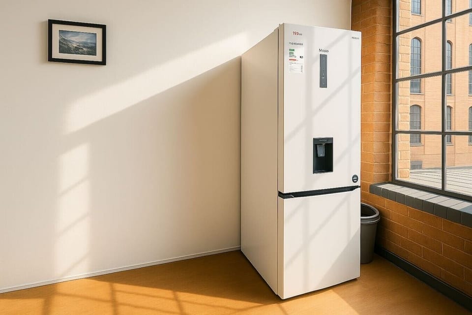 Tall, modern fridge-freezer with water dispenser, set in a bright space with large industrial-style windows. Practical design to keep your food and drinks fresh during your stay.