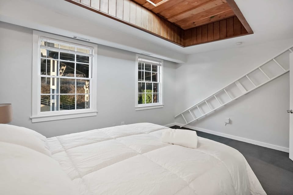Bright bedroom with skylight and queen bed