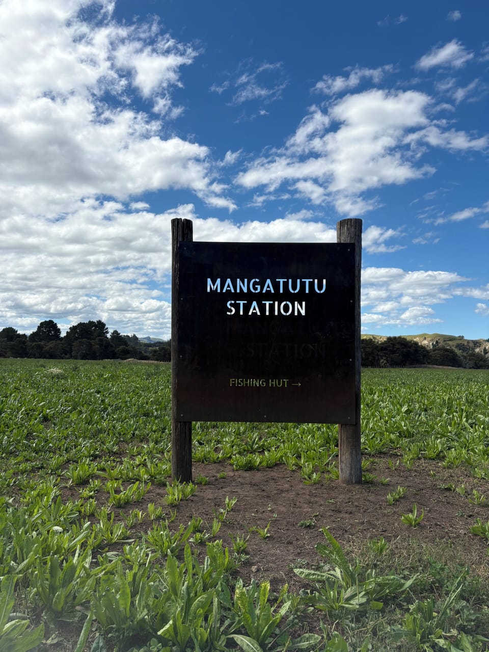 Hut sign on the stations driveway. 