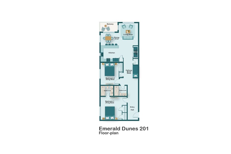 Floorplan for Emerald Dunes 201.This is an updated, spacious, well-appointed condo at the coveted, low-density, BEACHFRONT Emerald Dunes complex in Crystal Beach!