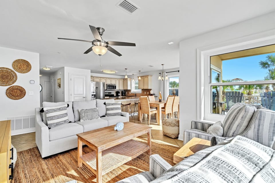 Large, Open Living Space with Stunning Gulf Views: Updated Kitchen w/ Counter-Height Seating for 6, Gulf View Dining Table (seating for 6), plenty of seating w/ Smart TV, & Private Balcony