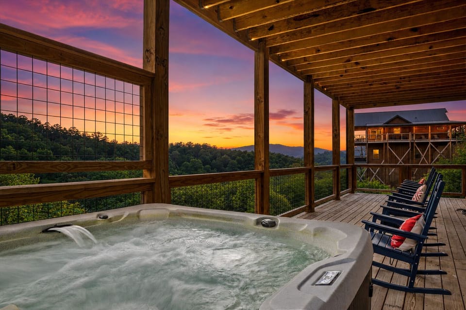 Hot tub w stunning views of Wears Valley + lower level deck with rocking chairs