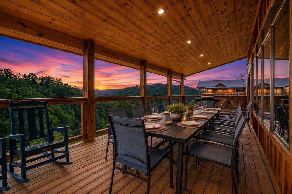 Outdoor dining space on rear deck with stunning views of Wears Valley