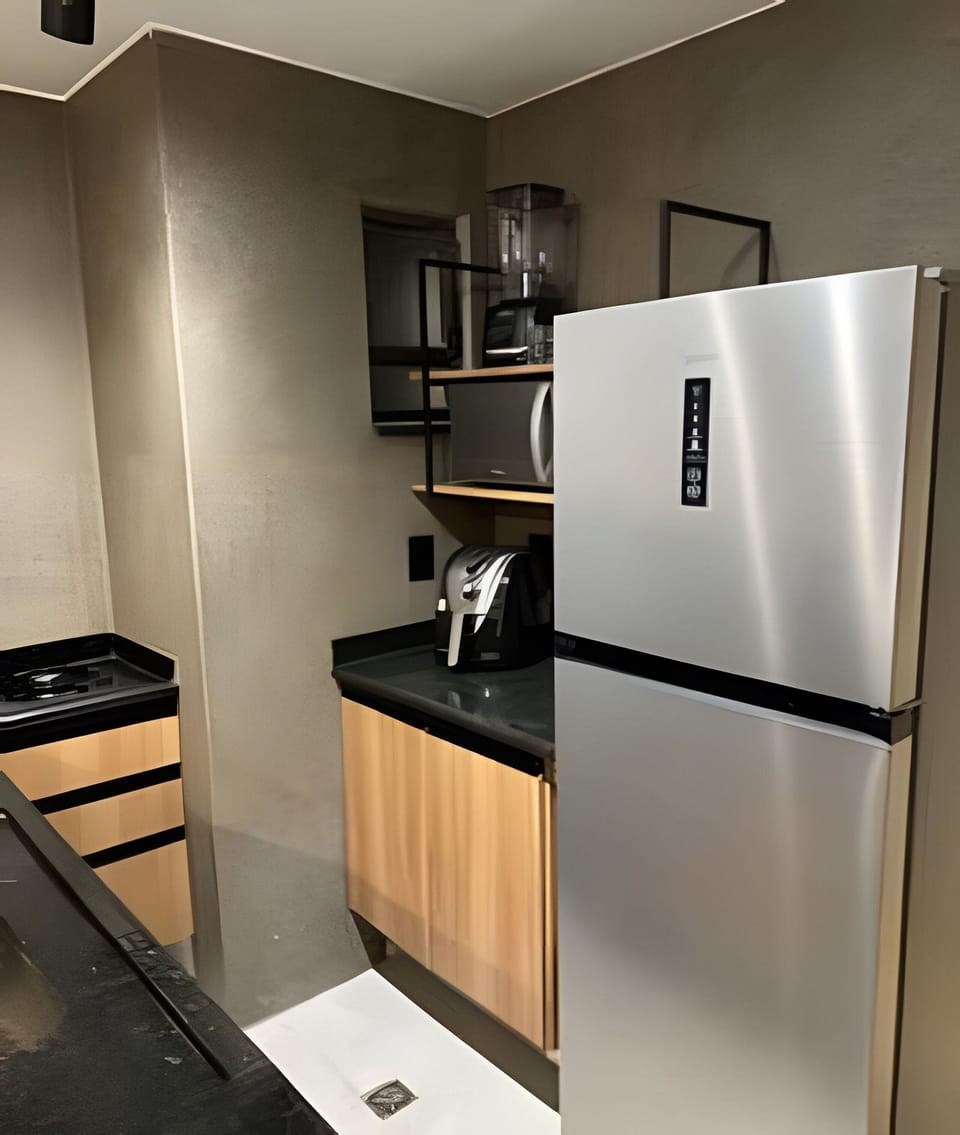 Fridge, microwave, stovetop, electric kettle