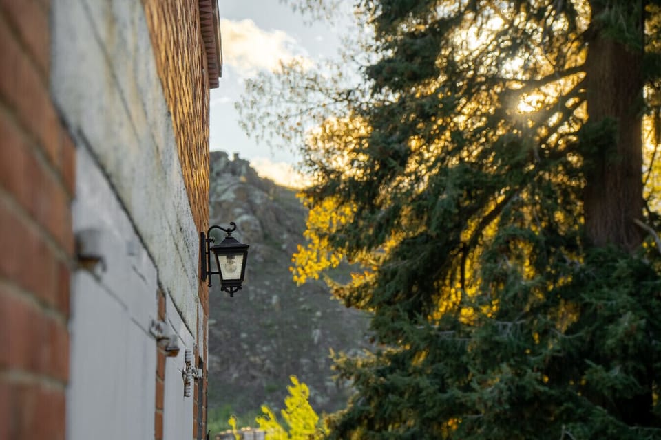 Warm sunset hues on the Coach House’s historic brickwork - surrounded by towering trees and Central Otago calm