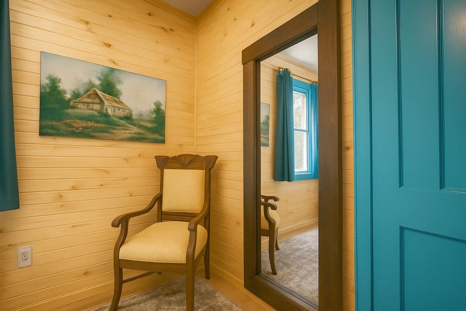 Cozy nook with vintage chair, mirror, wood walls & bold blue trim.