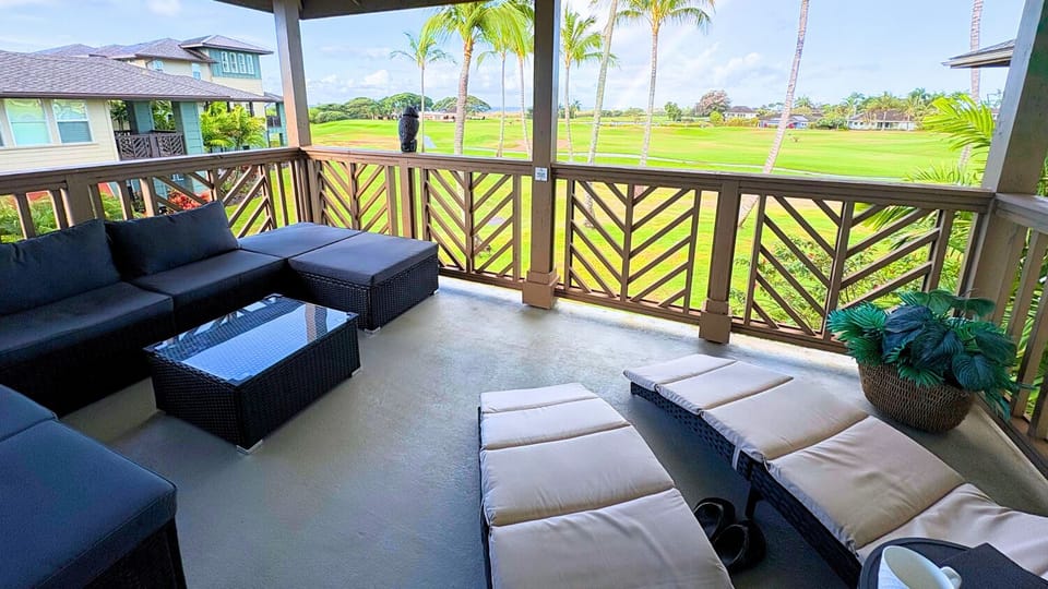 Updated lanai furniture in 2025 with seating for 8, double lounger & cooler