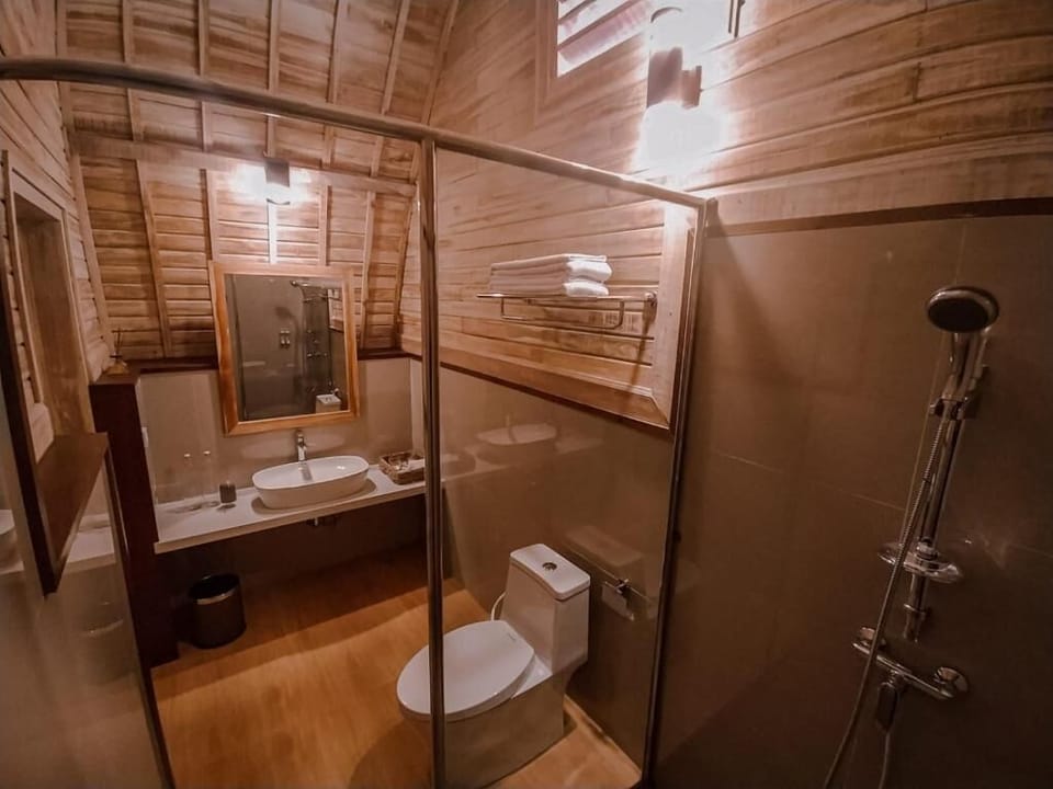 Shower, slippers, towels, soap