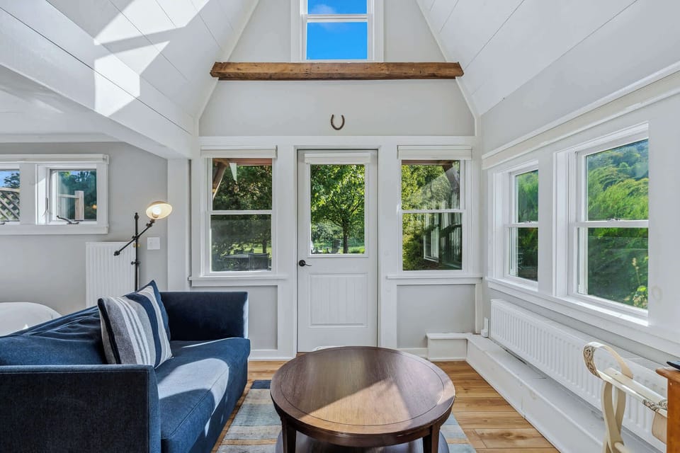 Vaulted ceiling with skylight, exposed beam, and French doors opening to the garden