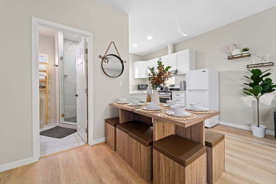 Kitchen island with bar seating and decor accents