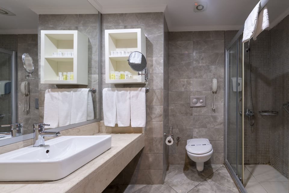Shower, designer toiletries, hair dryer, slippers