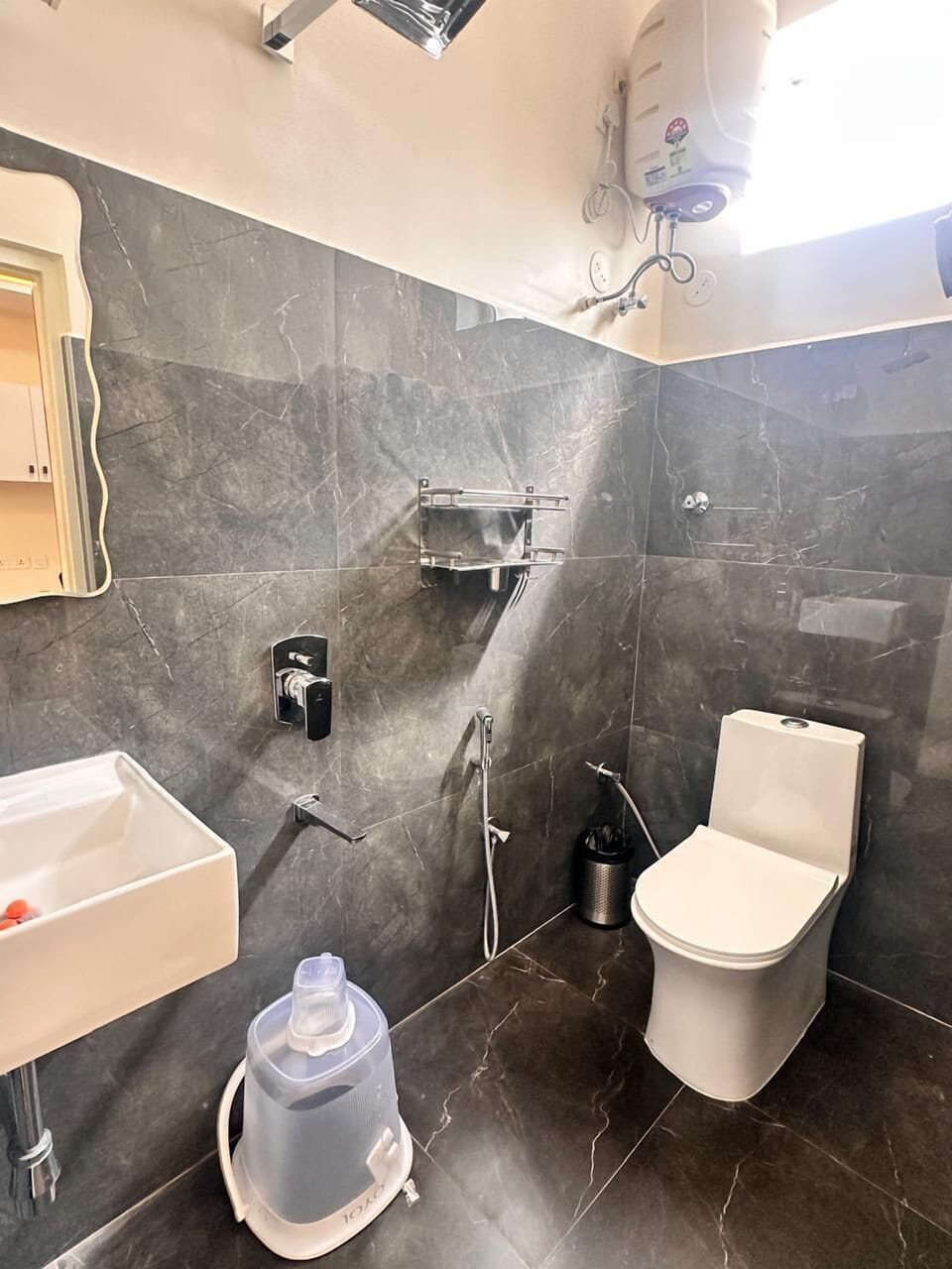 Shower, slippers, towels, soap