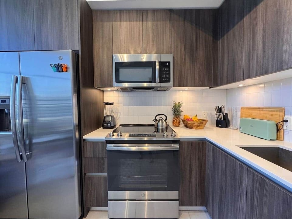 Our kitchen is stocked with thoughtful extras; oils & spices, sheet pans, cutting boards, grill set, wine opener, blender.