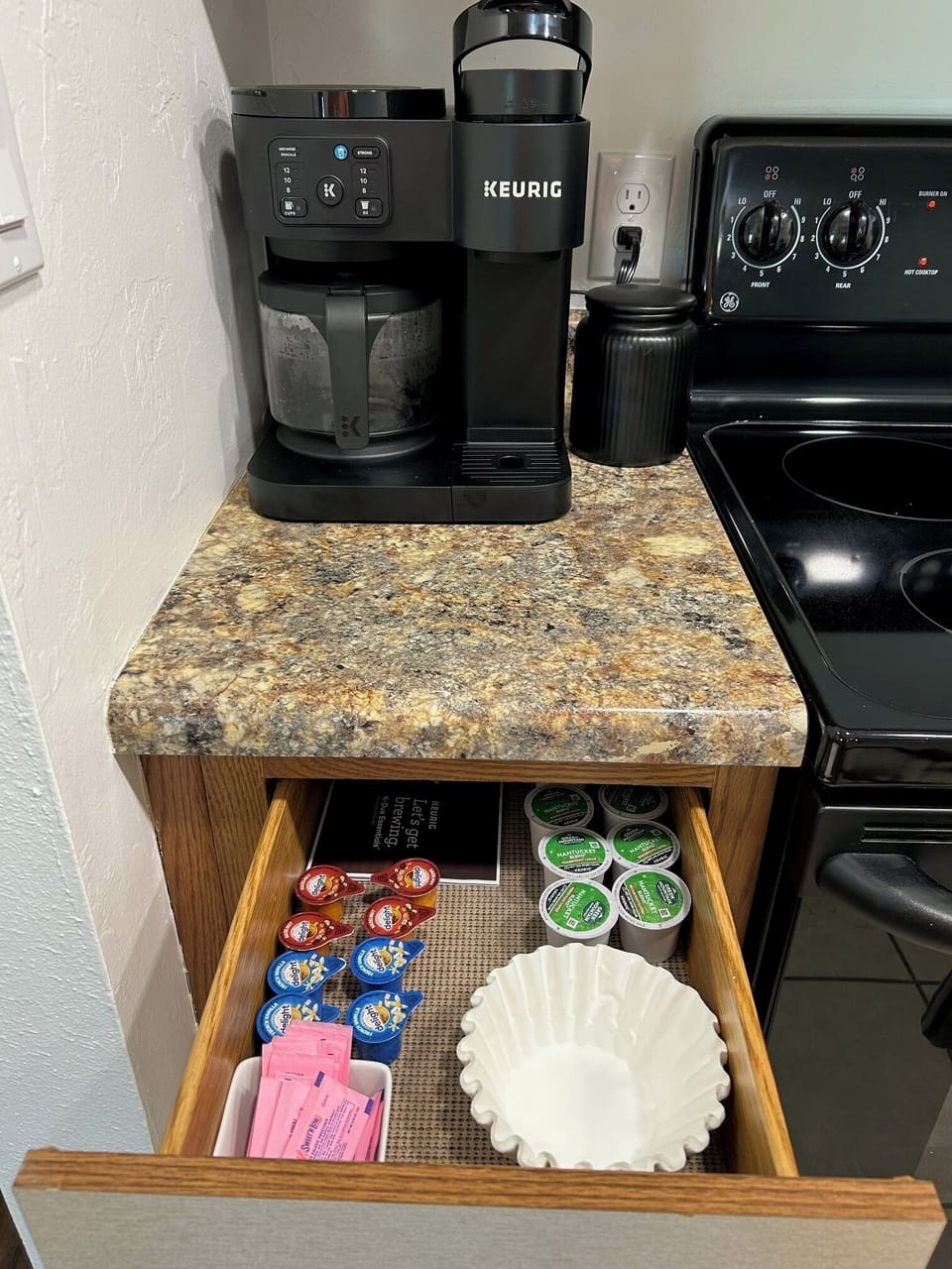 Fix a full pot of coffee or a single cup with creamer and sugar provided