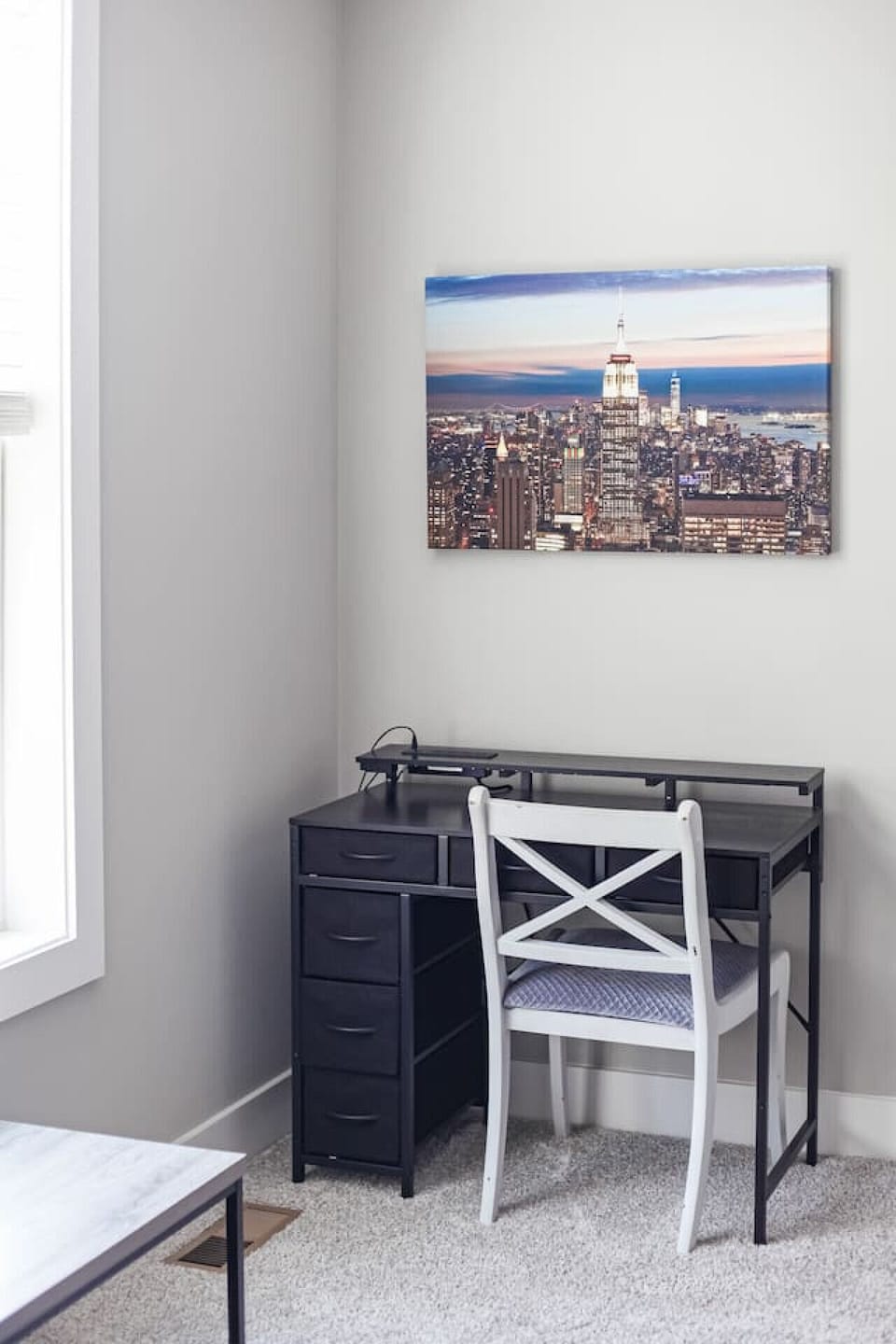 First story bedroom with queen over queen bunk bed, Smart TV, closet, desk, ensuite bathroom