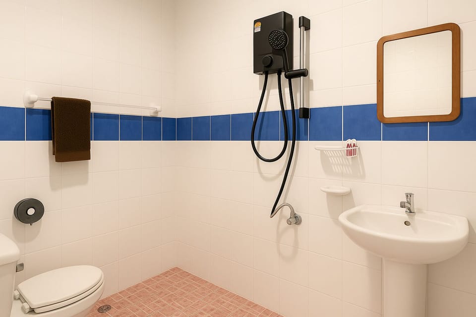 Shower, rainfall showerhead, free toiletries, soap