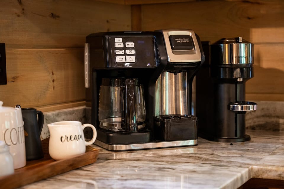 Coffee bar with drip and single-serve — enough to keep everyone fueled