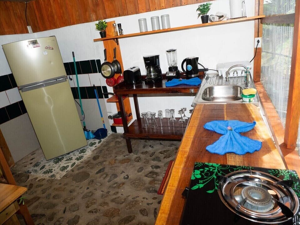 New kitchen with gas stove, sink, waterheater, blender, coffeemachine, toaster, fridge.