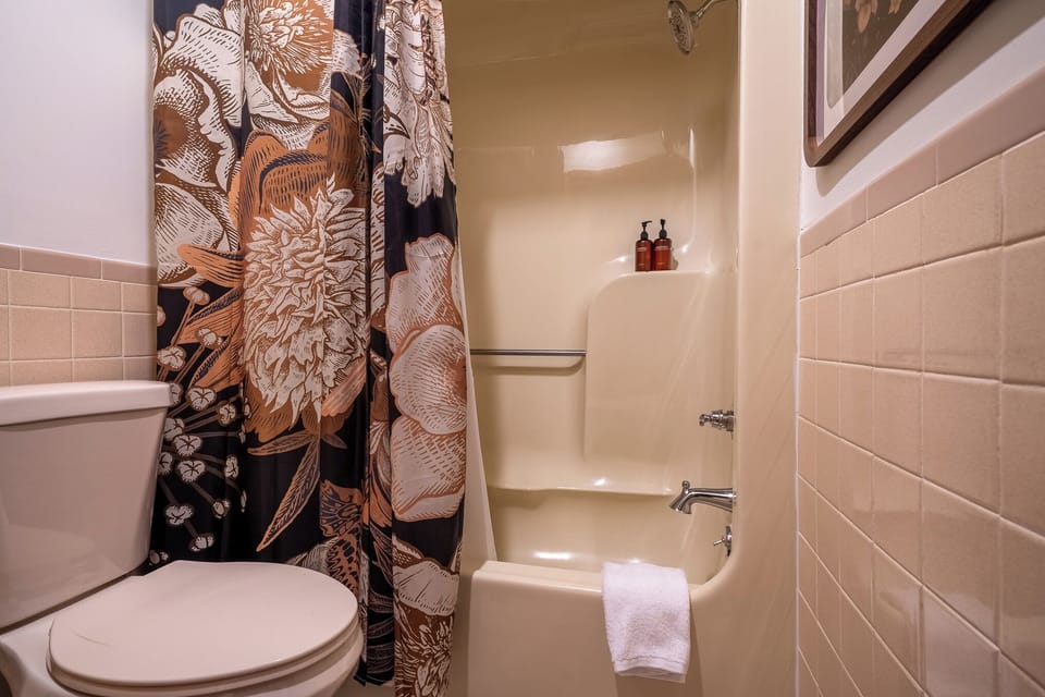 Tub shower with body wash, shampoo, conditioner, body lotion