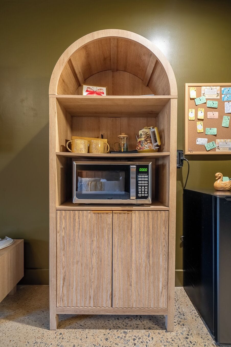 Coffee + tea station, microwave, hot water kettle , french press, mini fridge