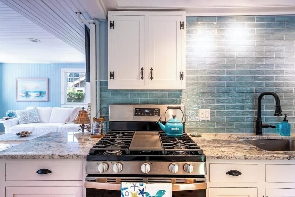 Gas range and oven convenient for nights in. Fully stocked spice cabinet.