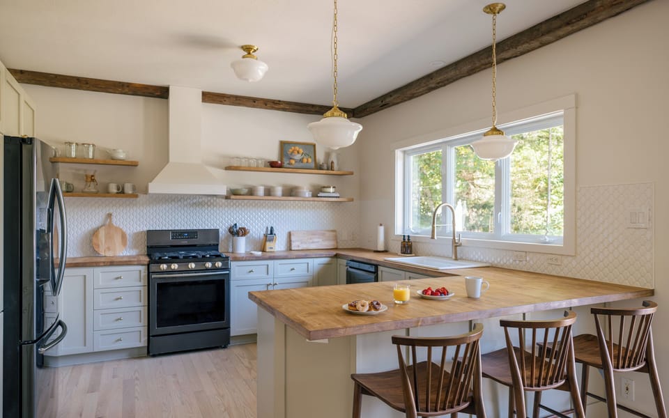 Custom kitchen with butcher block countertops.