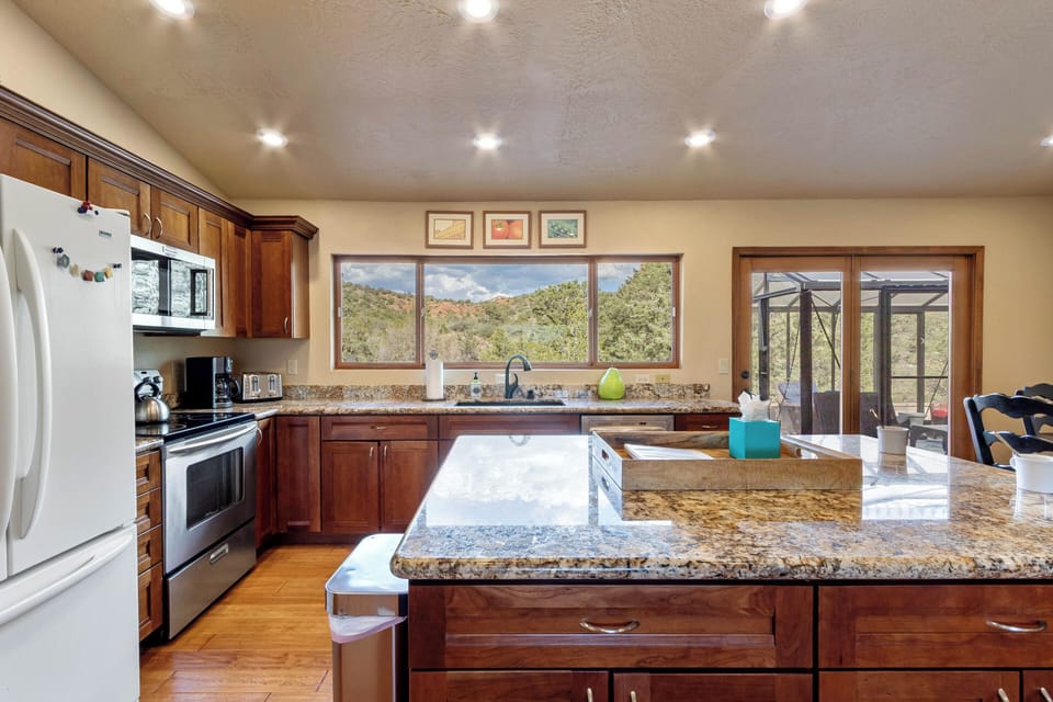 Peaceful views from the well stocked kitchen.